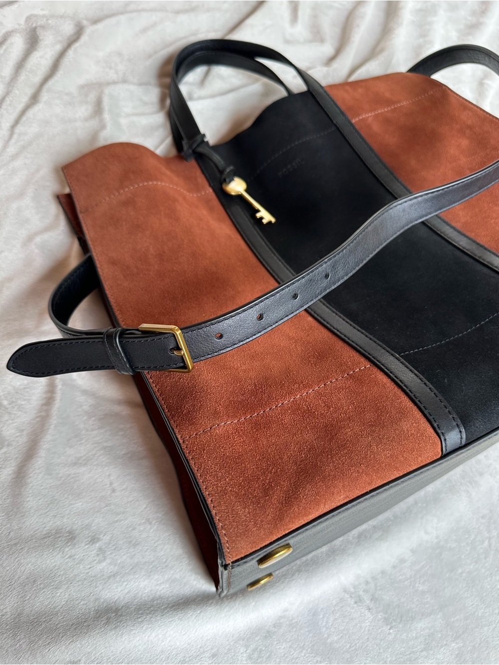 Fossil Two-Tone Suede Tote in Rust and Black with Gold Key Charm